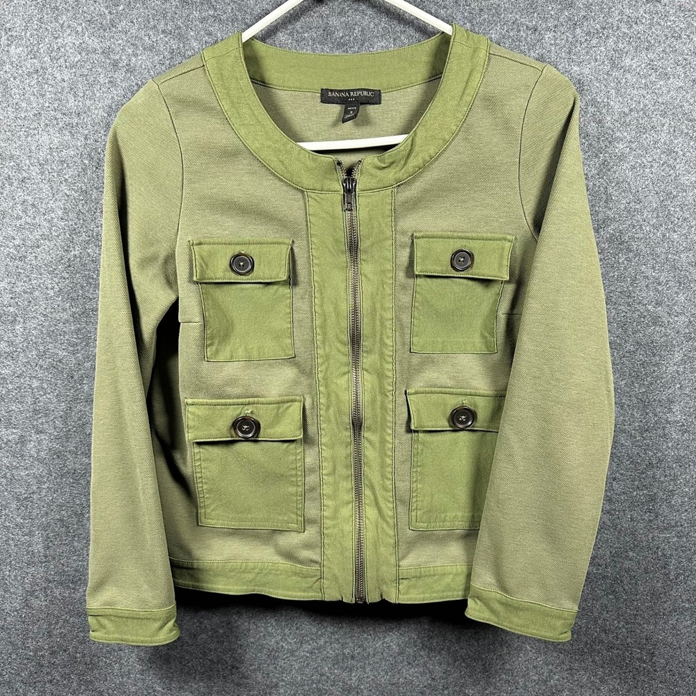 Banana Republic Women's Petite Small Green Utility Jacket Button Pocket Zip Up